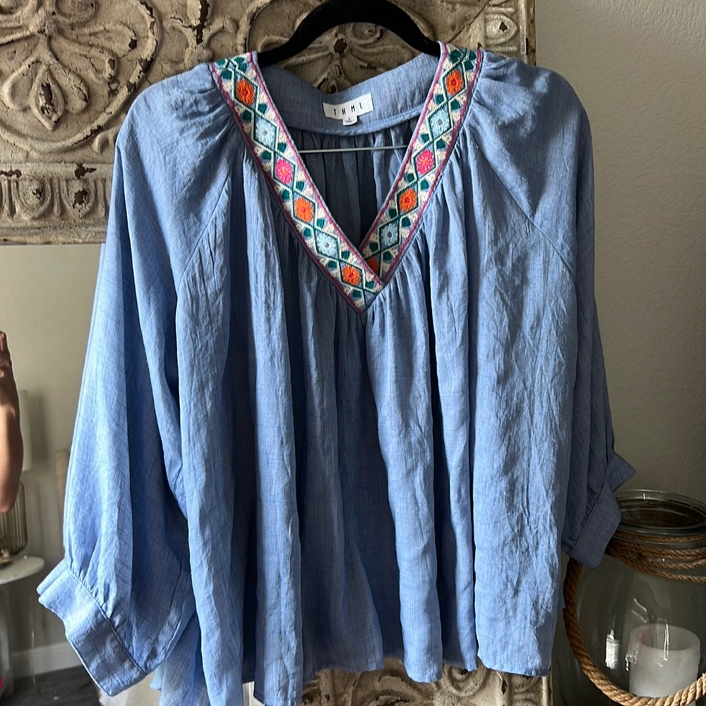 THML Blue Embroidered Peasant Top Sz L